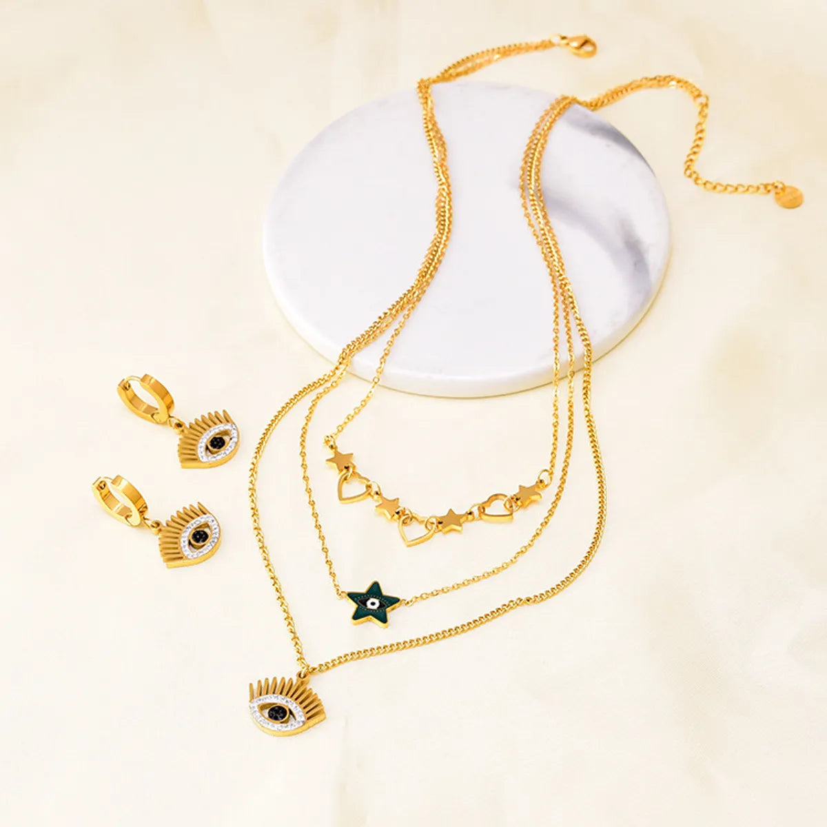 304 Stainless Steel 18K Gold Plated Basic Plating Devil'S Eye Star Rhinestones Jewelry Set