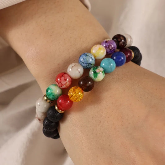 Basic Ethnic Style Modern Style Round Crown Arylic Volcanic Rock Glass Beaded Unisex Bracelets