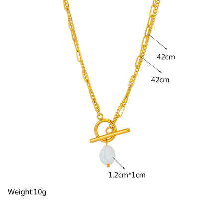 Basic Geometric Titanium Steel Layered Gold Plated Artificial Pearls Pendant Necklace