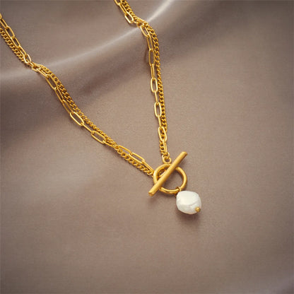 Basic Geometric Titanium Steel Layered Gold Plated Artificial Pearls Pendant Necklace