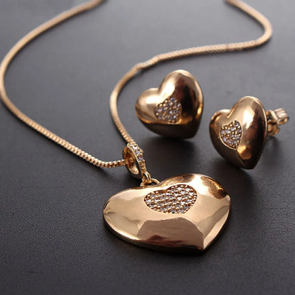 Basic Heart Shape Copper Plating Inlay Zircon Gold Plated Jewelry Set