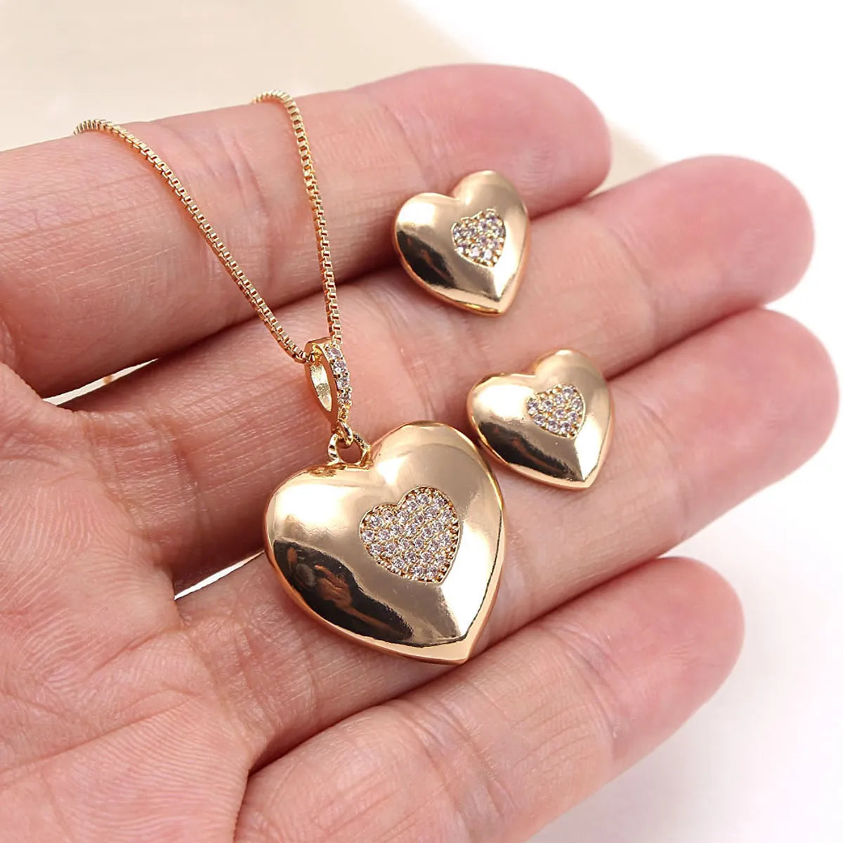 Basic Heart Shape Copper Plating Inlay Zircon Gold Plated Jewelry Set