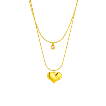 Basic Heart Shape Titanium Steel Gold Plated Rhinestones Layered Necklaces 1 Piece