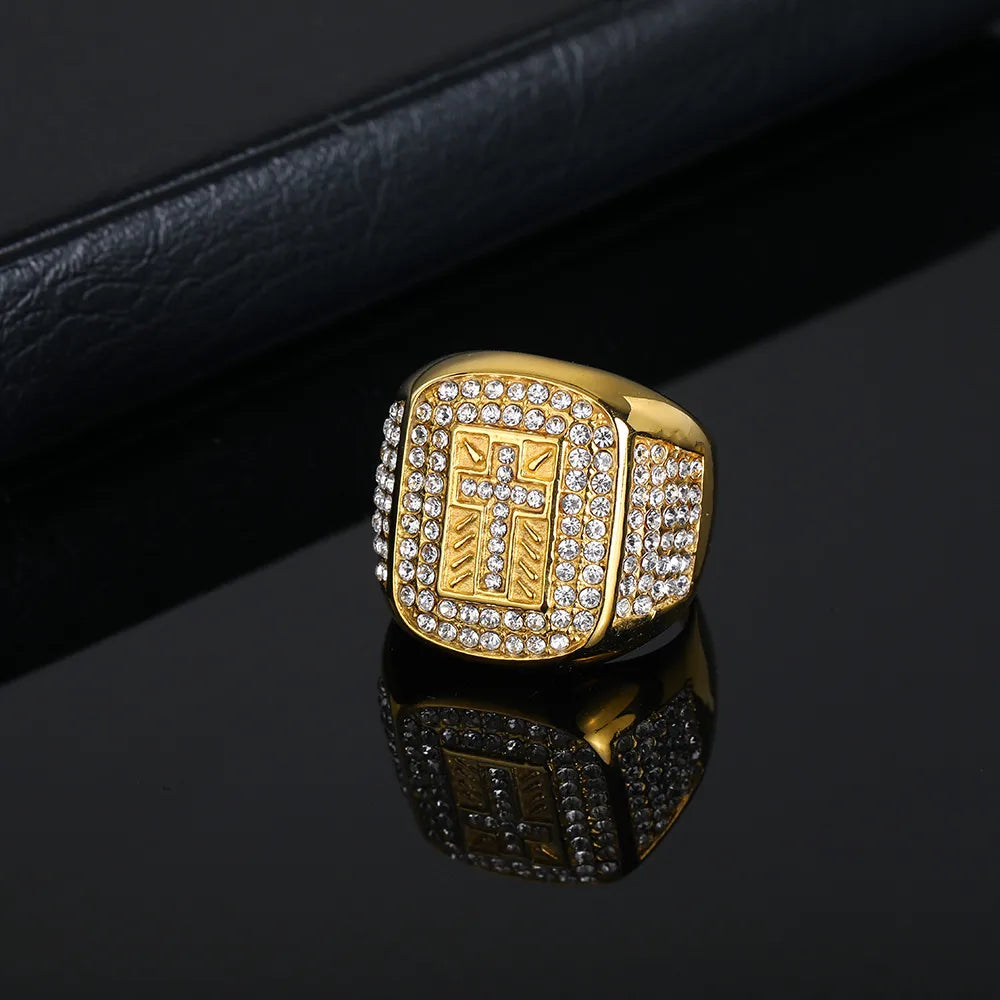 Basic Modern Style Classic Style Cross 304 Stainless Steel Polishing Inlay Rhinestones Men'S Rings