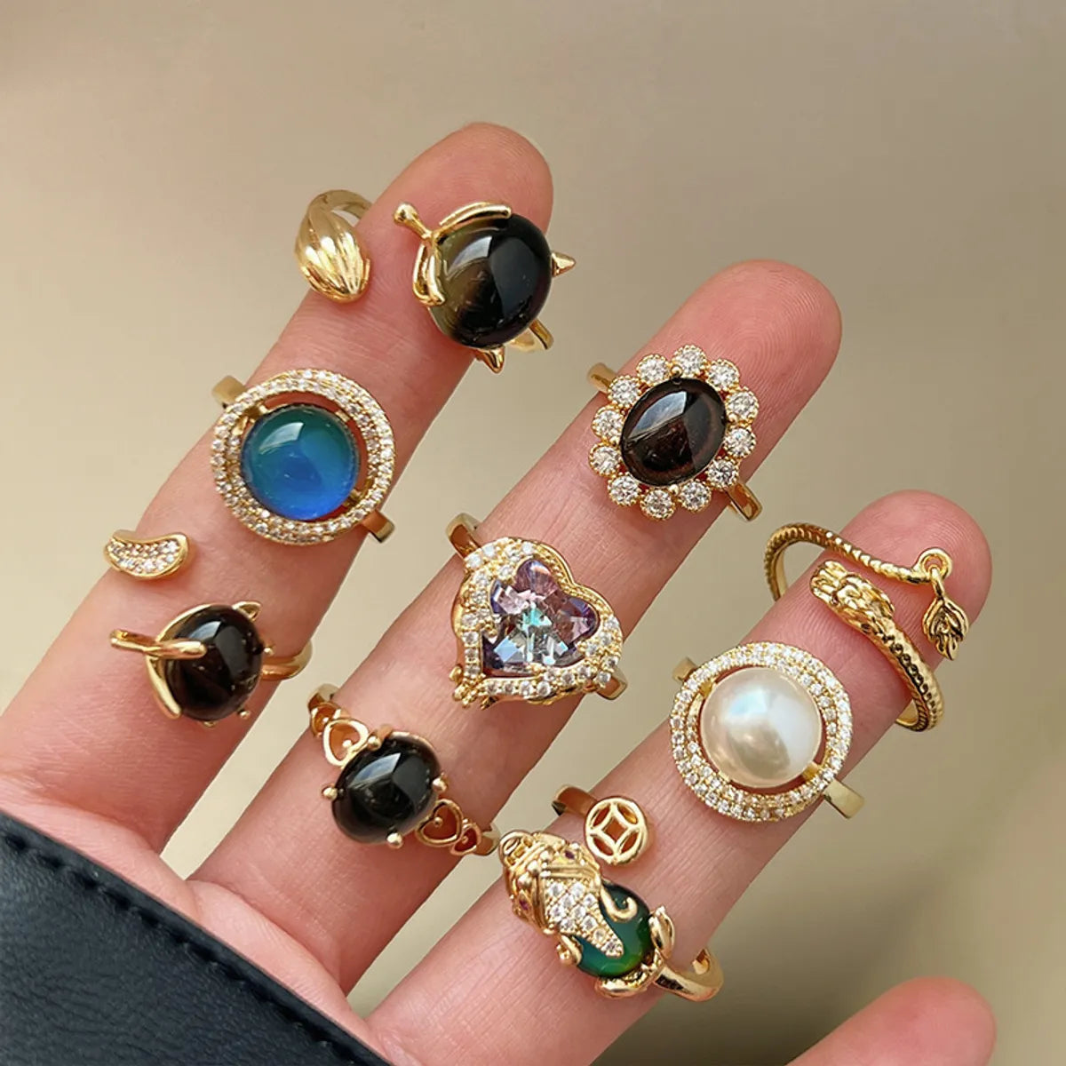 Basic Modern Style Classic Style Geometric Square Heart Shape Alloy Plating Inlay Natural Stone Rhinestones Zircon Women'S Adjustable Ring Open Rings