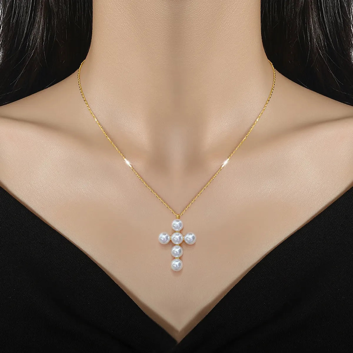 Titanium Steel Basic Modern Style Korean Style Inlay Cross Artificial Pearls Pendant Necklace