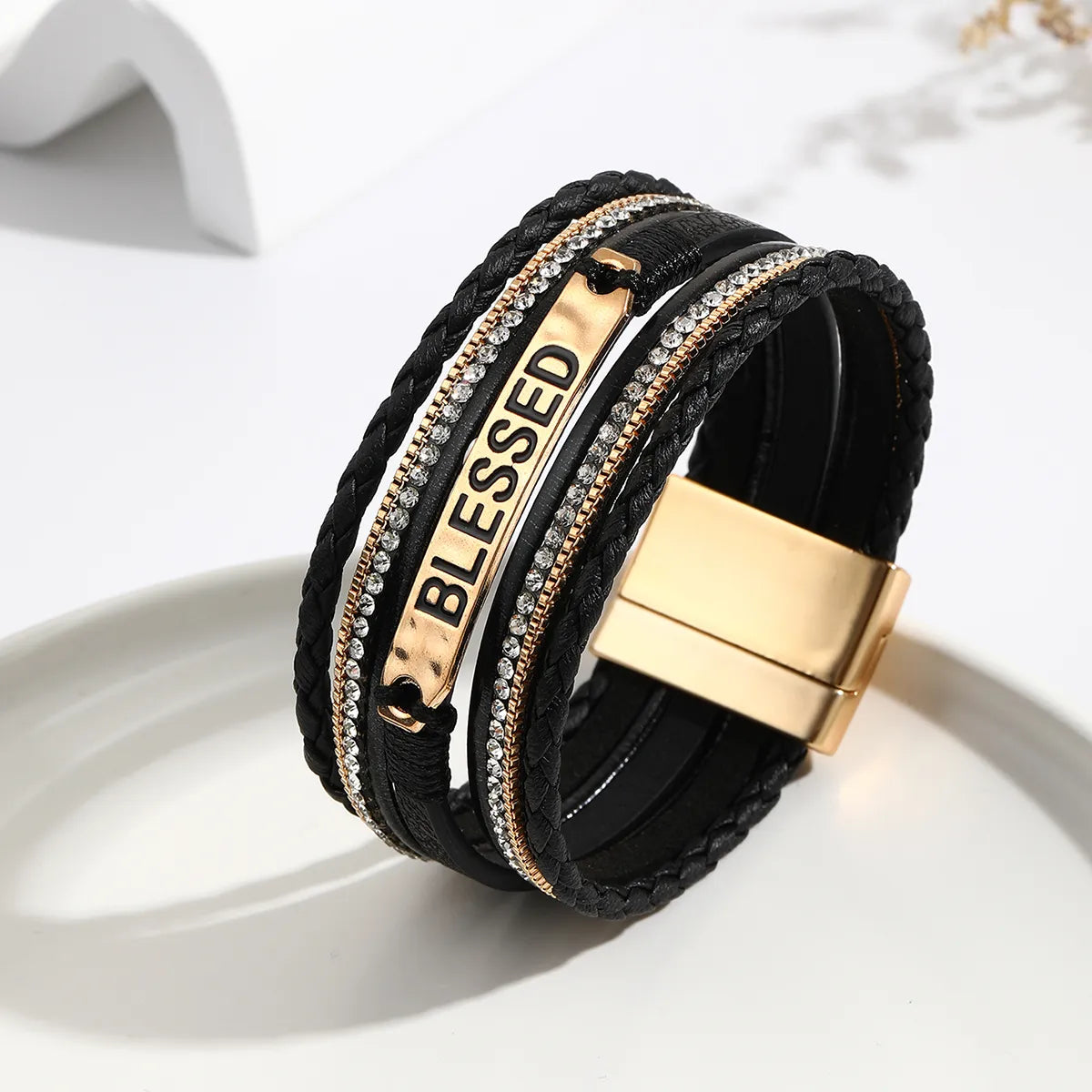 Basic Modern Style Letter Pu Leather Alloy Plating Inlay Rhinestones Women'S Bangle