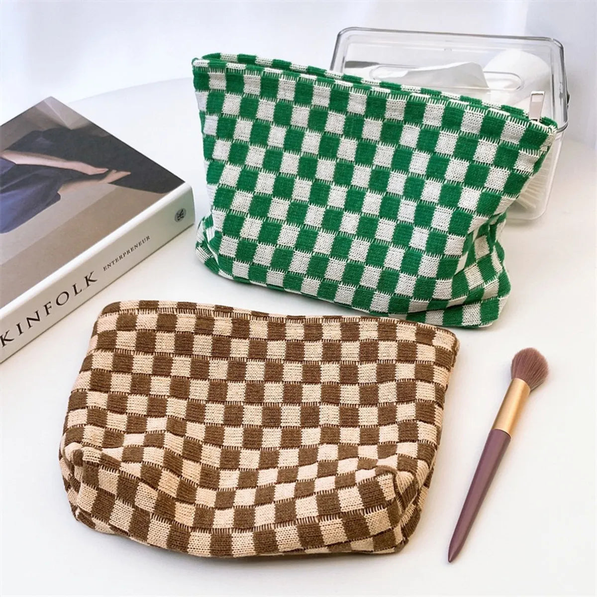 Basic Plaid Knit Square Makeup Bags