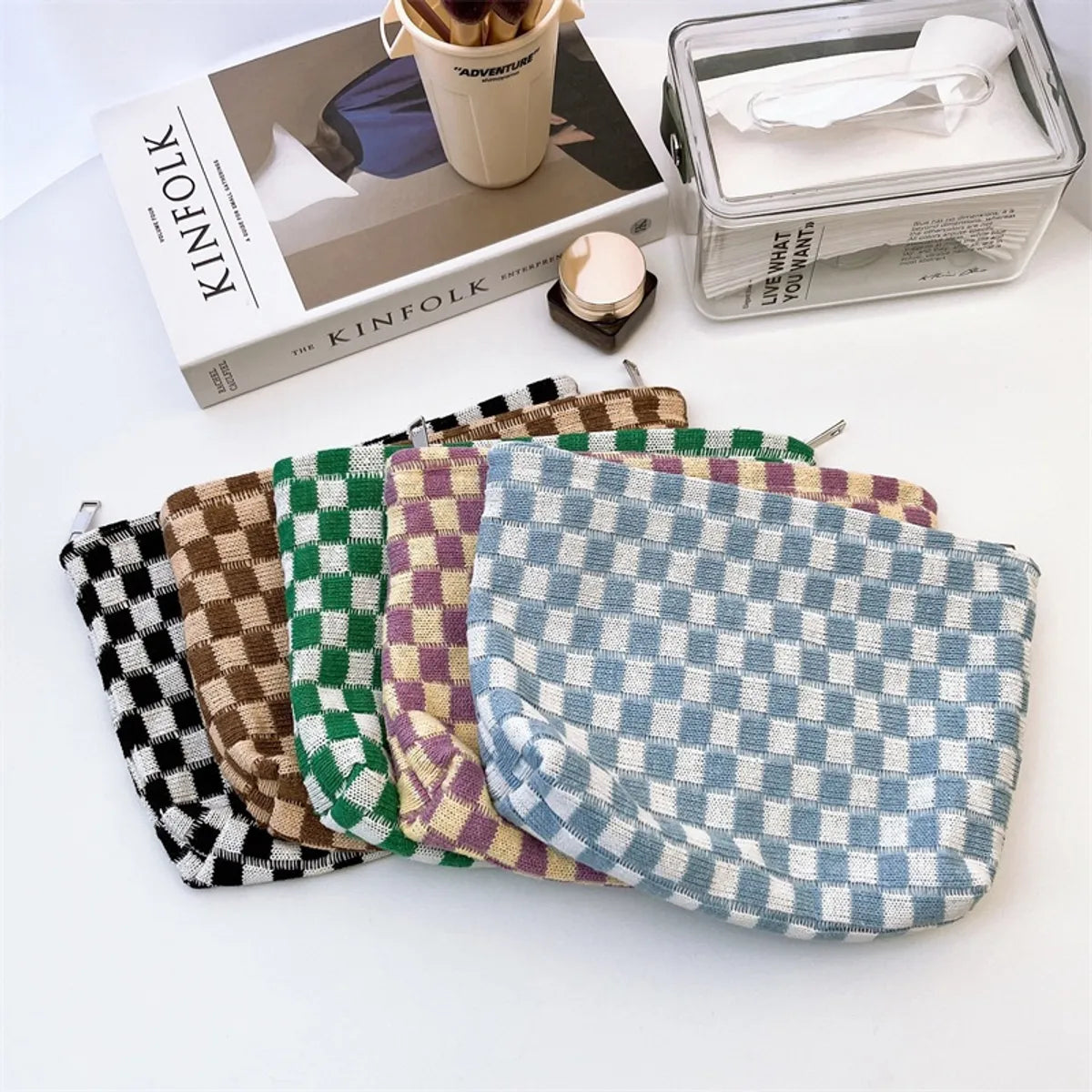 Basic Plaid Knit Square Makeup Bags