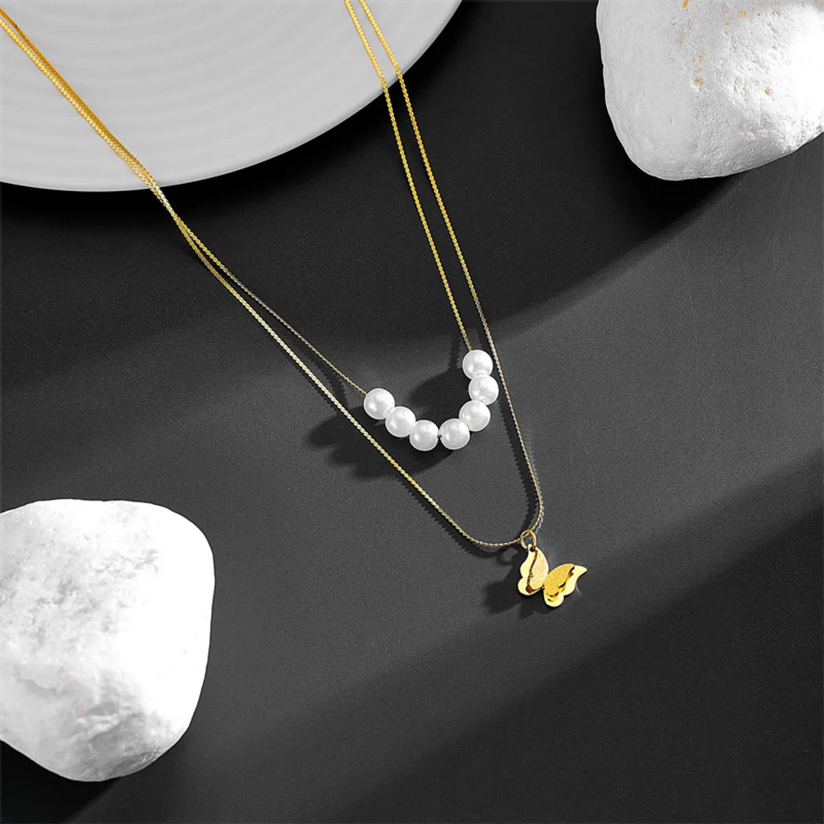 Basic Retro Butterfly Imitation Pearl Titanium Steel Layered Necklaces