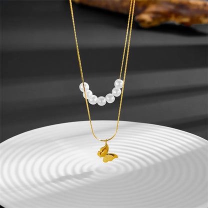 Basic Retro Butterfly Imitation Pearl Titanium Steel Layered Necklaces