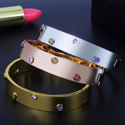 Basic Retro Geometric Stainless Steel Inlay Artificial Gemstones Bangle