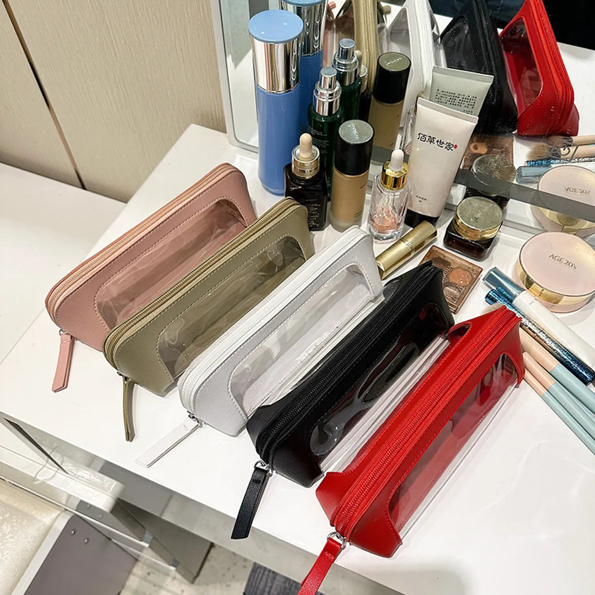 Basic Solid Color PVC Pu Leather Square Makeup Bags