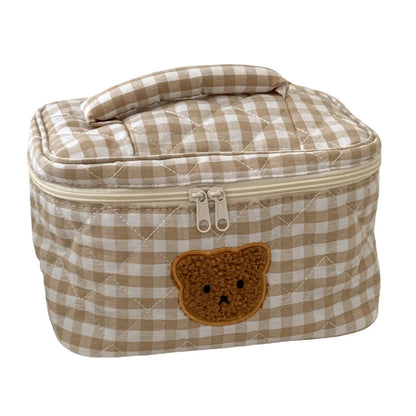 Basic Streetwear Plaid Bear Cotton Square Makeup Bags