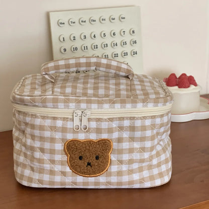 Basic Streetwear Plaid Bear Cotton Square Makeup Bags