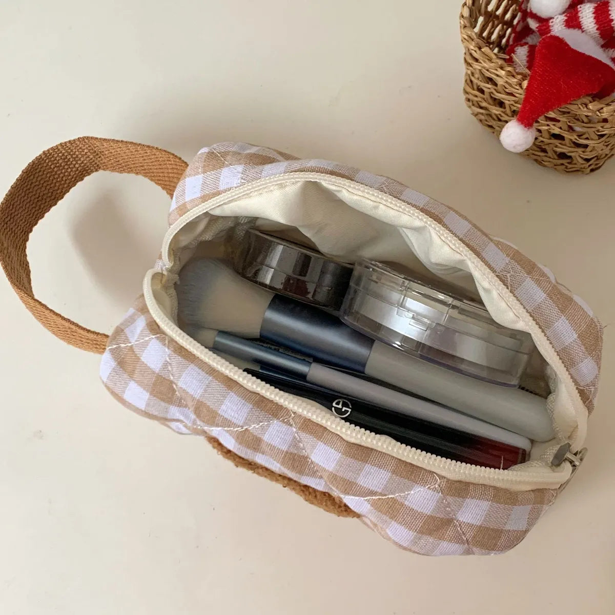 Basic Streetwear Plaid Bear Cotton Square Makeup Bags