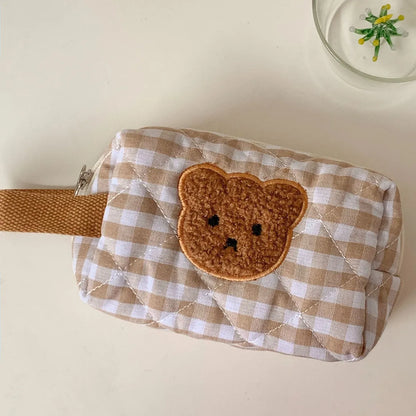 Basic Streetwear Plaid Bear Cotton Square Makeup Bags