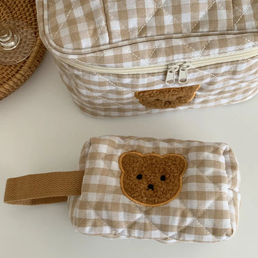 Basic Streetwear Plaid Bear Cotton Square Makeup Bags