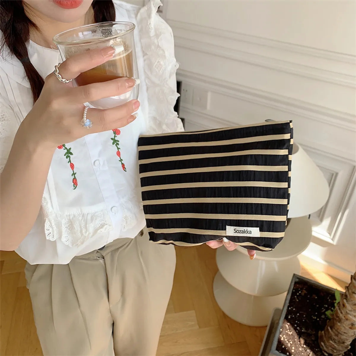 Basic Stripe Canvas Cotton Square Makeup Bags