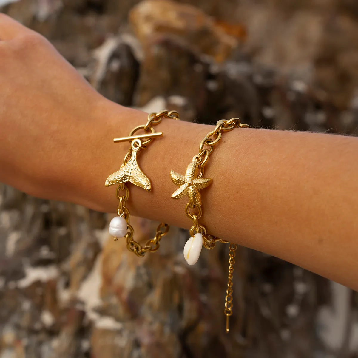 Basic Vacation Classic Style Starfish Shell 304 Stainless Steel 18K Gold Plated Bracelets In Bulk