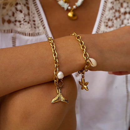 Basic Vacation Classic Style Starfish Shell 304 Stainless Steel 18K Gold Plated Bracelets In Bulk