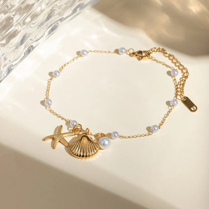 Beach Classic Style Starfish Shell 304 Stainless Steel Plating Inlay Pearl 18K Gold Plated Women's Anklet