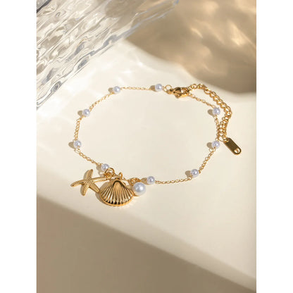 Beach Classic Style Starfish Shell 304 Stainless Steel Plating Inlay Pearl 18K Gold Plated Women's Anklet