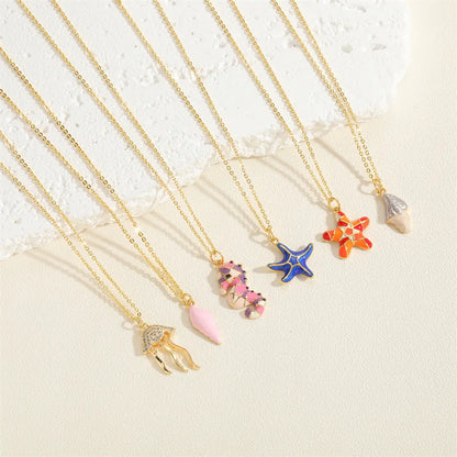 Beach Commute Starfish Copper 14k Gold Plated Zircon Pendant Necklace In Bulk