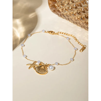 Beach Simple Style Starfish Shell 304 Stainless Steel Imitation Pearl Beaded 18K Gold Plated Women's Anklet