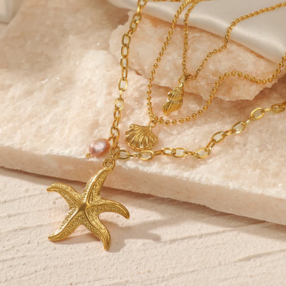 Beach Starfish Conch Shell Stainless Steel Plating Artificial Pearls Layered Necklaces