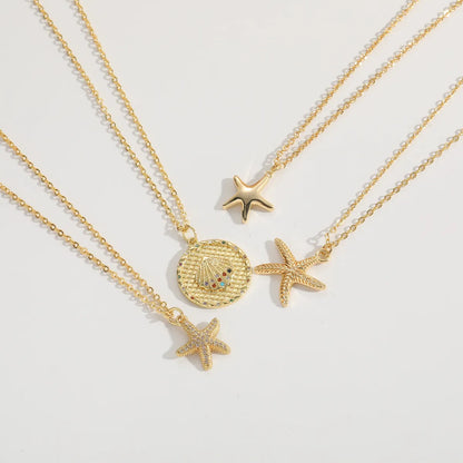 Beach Starfish Shell Copper Inlay Zircon 14k Gold Plated Pendant Necklace