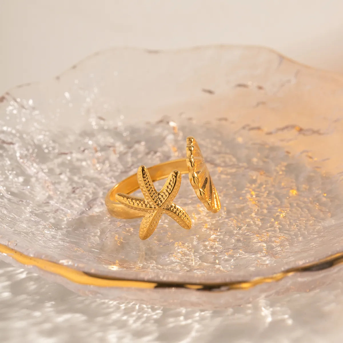 Beach Starfish Shell Stainless Steel 18k Gold Plated Open Ring In Bulk