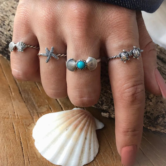 Beach Tortoise Starfish Shell Alloy Inlay Turquoise Women's Rings