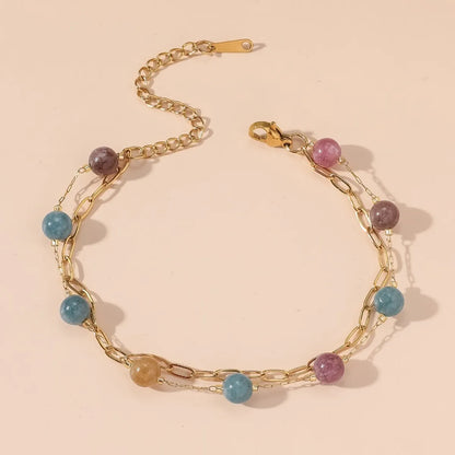 Beach Tropical Cool Style Geometric Colorful Splicing 304 Stainless Steel Inlay Natural Stone 18K Gold Plated Women'S Bracelets Anklet