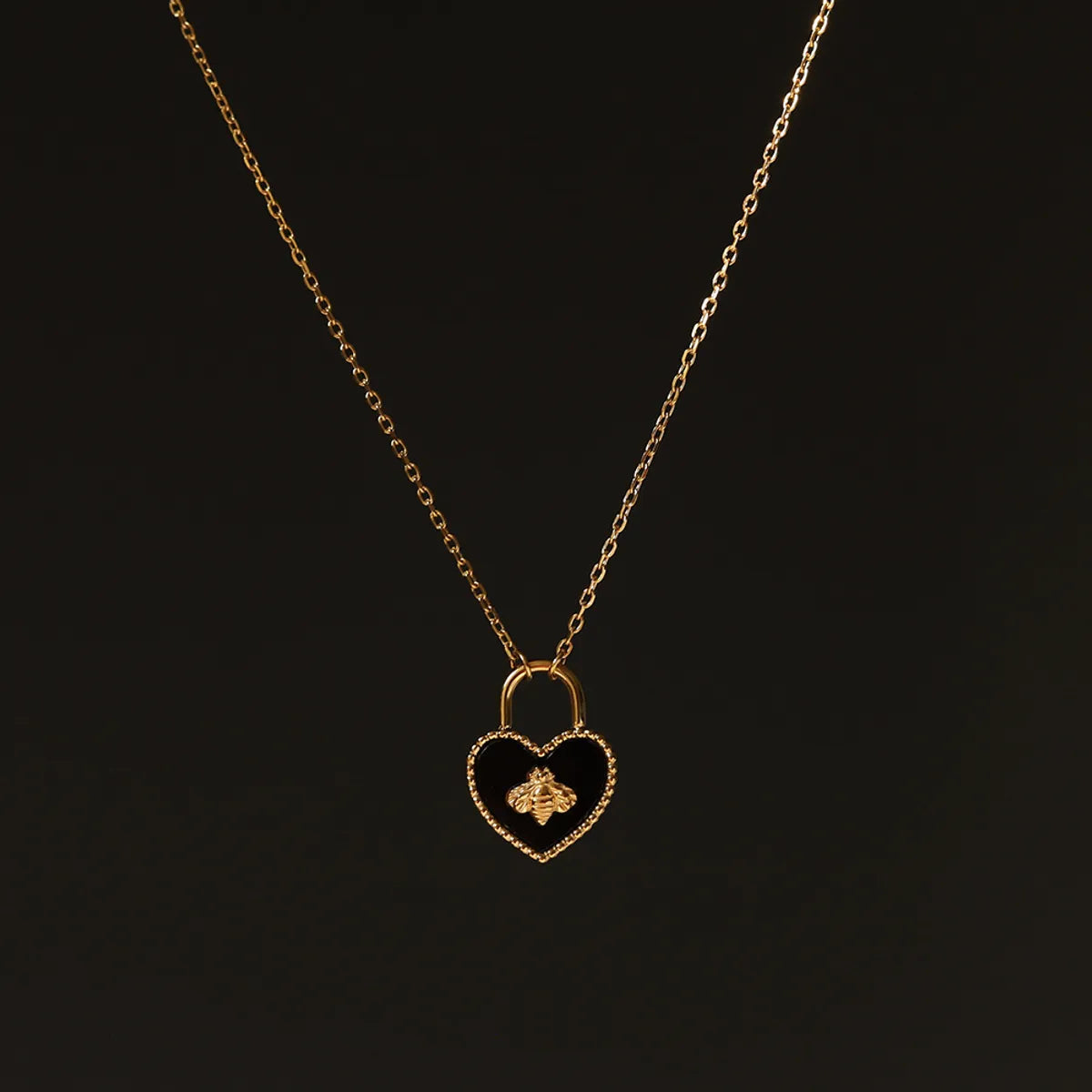 Bee Heart Lock Black Titanium Steel Plated 18k Gold Necklace Clavicle Chain