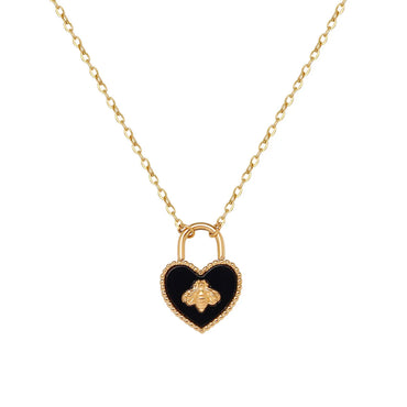 Bee Heart Lock Black Titanium Steel Plated 18k Gold Necklace Clavicle Chain