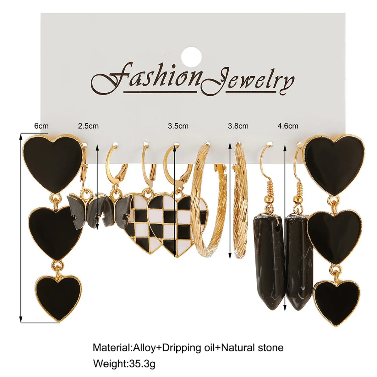 Black Butterfly Checkerboard Plaid Peach Heart C- Shaped Earrings 5-Piece Set