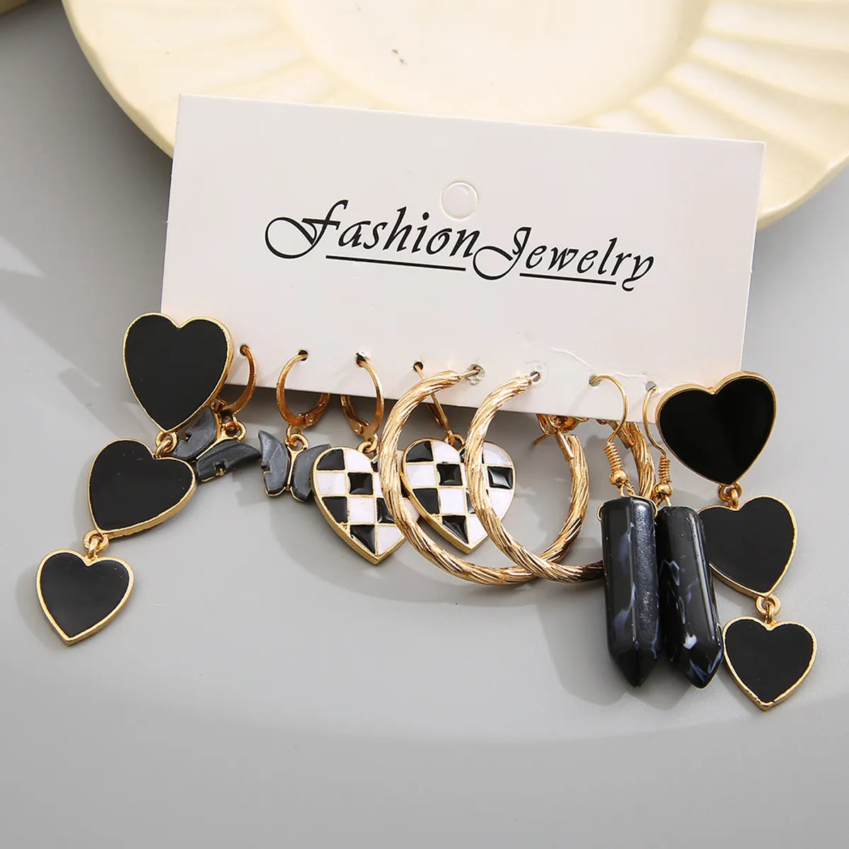 Black Butterfly Checkerboard Plaid Peach Heart C- Shaped Earrings 5-Piece Set