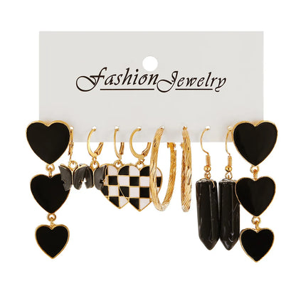 Black Butterfly Checkerboard Plaid Peach Heart C- Shaped Earrings 5-Piece Set