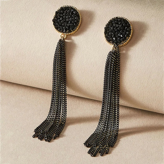 Black Retro Long Diamond Tassel Earrings