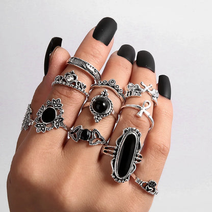 Bohemia Black Elephant Lotus Crown Ring 11 Piece Set