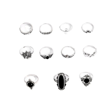 Bohemia Black Elephant Lotus Crown Ring 11 Piece Set