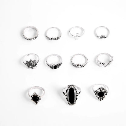 Bohemia Black Elephant Lotus Crown Ring 11 Piece Set