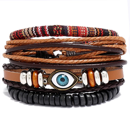 Simple Diy Four-Piece Combination Multi-Layer Cattle Leather Bracelet Vintage Weave Eye Bracelet Bohemian Ornament