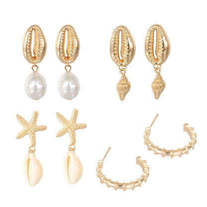 Bohemia Shells Pearl Conch Starfish Stud Earrings 4 Pairs Set Wholesale