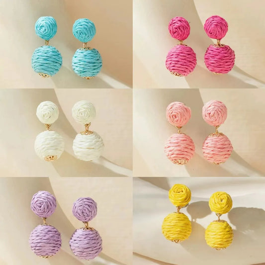 Bohemian Ball Raffia Handmade Women's Drop Earrings