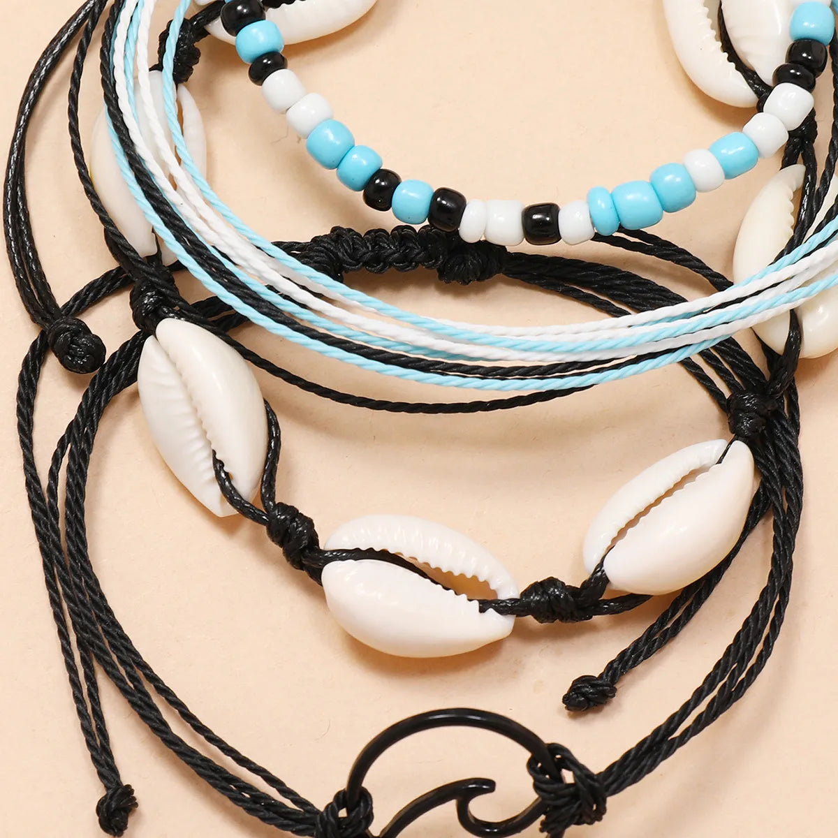 Bohemian Beach Hand-Woven Foot Ornaments Natural Shell Beads Sea Wave Anklet 4-Piece Set