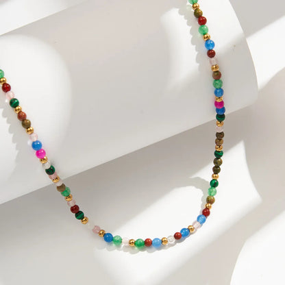 Bohemian Color Block Glass Titanium Steel Beaded Women's Necklace