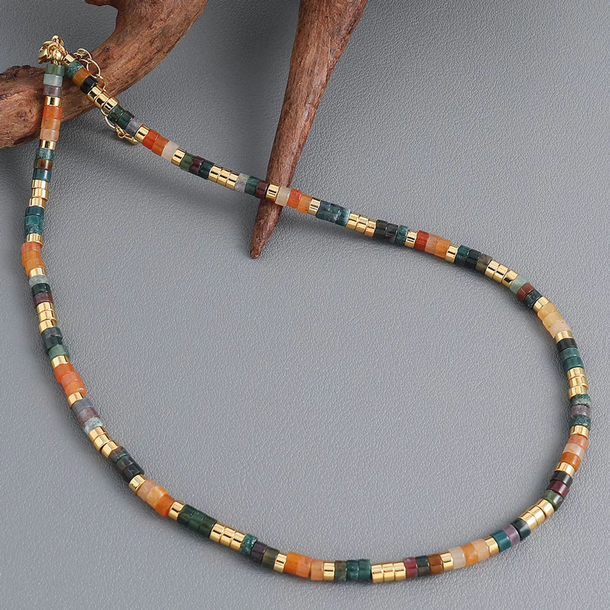 Bohemian Color Block Natural Stone Copper Beaded Handmade Necklace