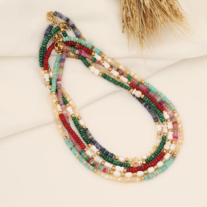 Bohemian Color Block Stainless Steel Natural Stone Beaded Handmade Necklace 1 Piece